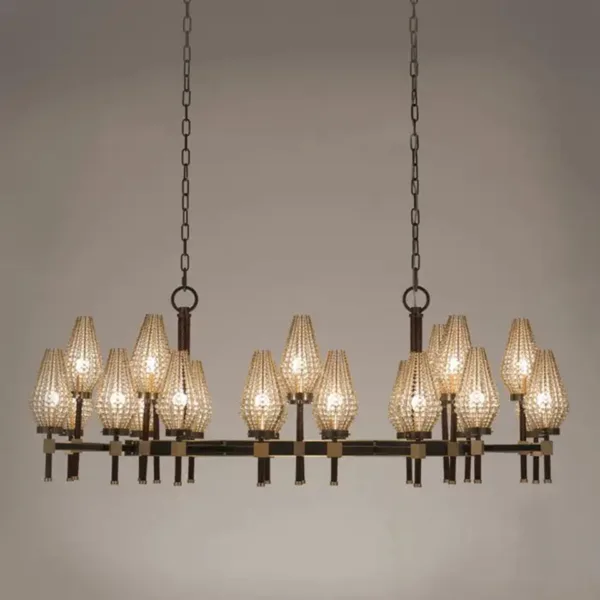 Beaded rectangular chandelier front view, dark frame and brass blocks