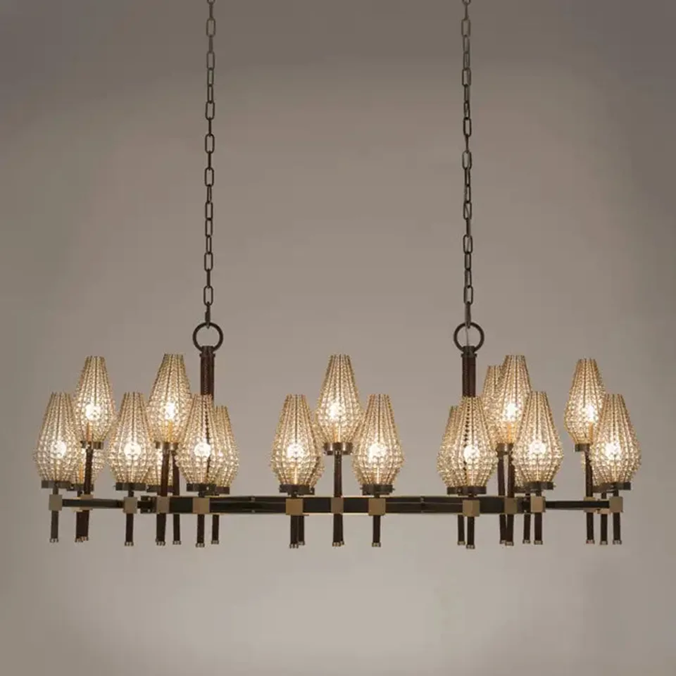 Beaded Rectangular Chandelier 3 Beaded rectangular chandelier front view, dark frame and brass blocks