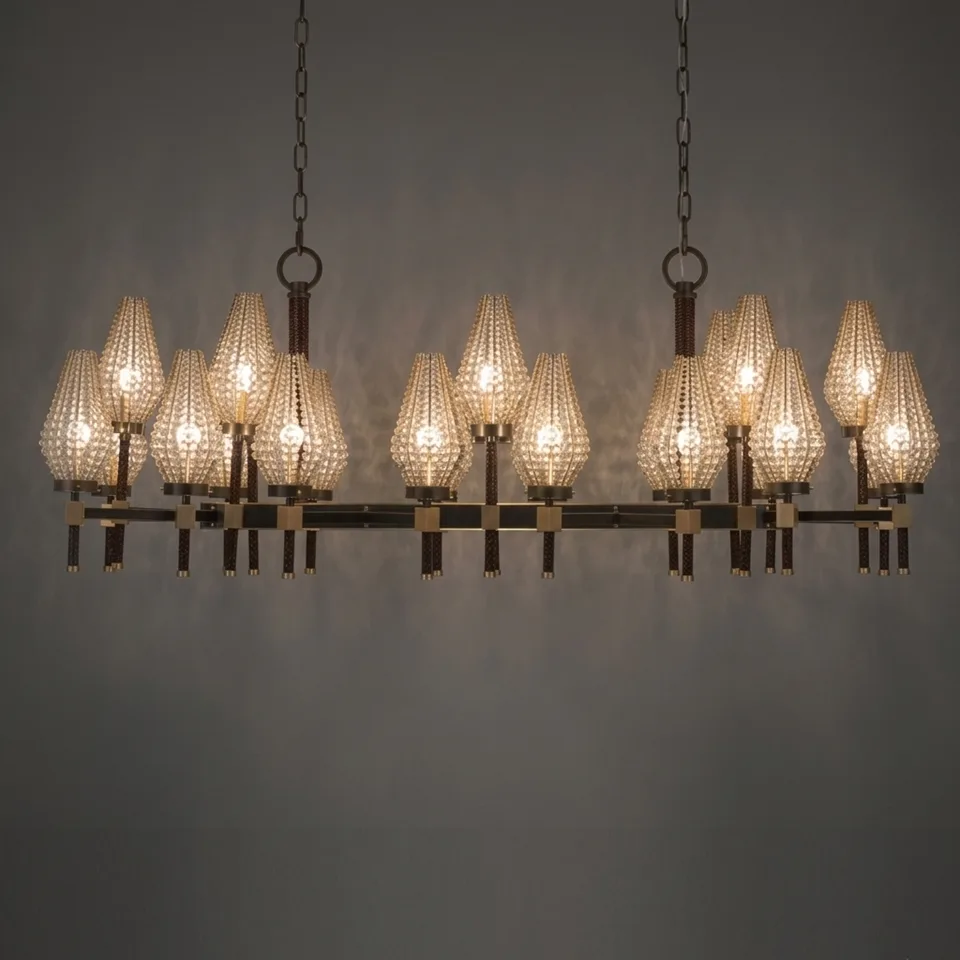 Beaded Rectangular Chandelier 2 Rectangular chandelier glowing through 24 beaded shades, dark background