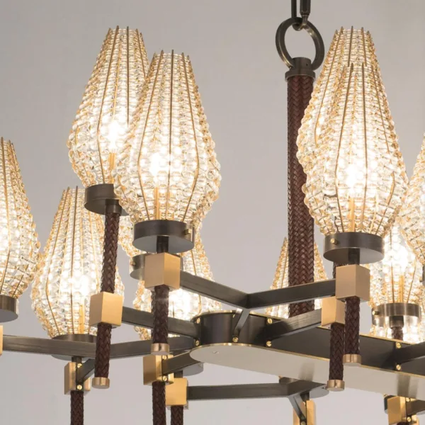 Lit beaded shades and brass joints, close-up
