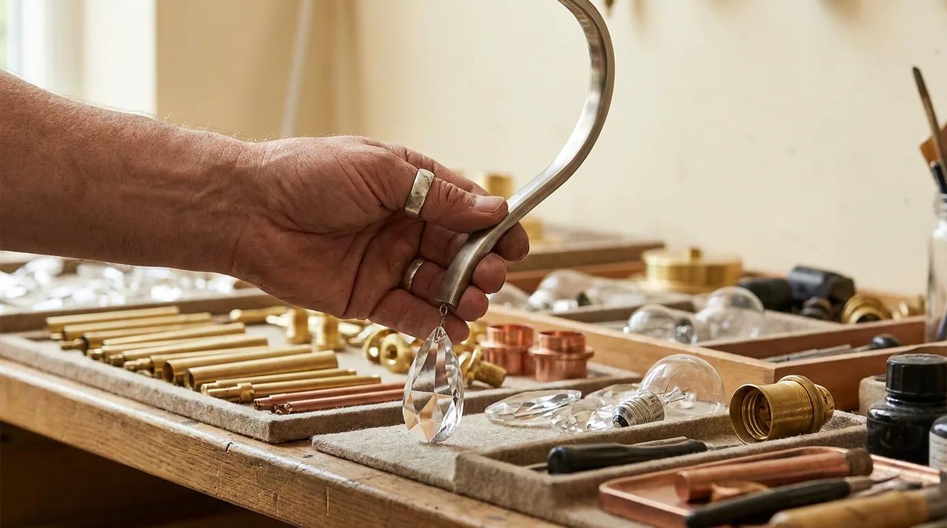 Bhagirath Palace Light Market vs Buying From a Maker 2 Spare part check before buying at the Bhagirath Palace light market: a hand holding a spare chandelier arm over trays of matching parts