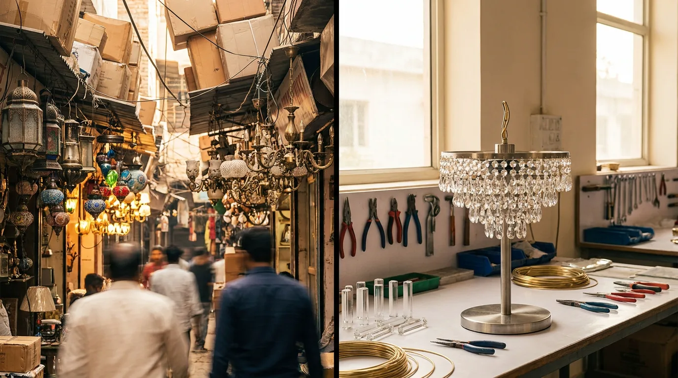 Bhagirath Palace Light Market vs Buying From a Maker 1 Bhagirath Palace light market vs a maker: a crowded lane of hanging lights beside a calm factory workbench with a crystal chandelier being built