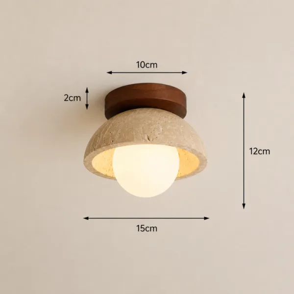 Dimension drawing: 15 cm wide and 12 cm tall travertine ceiling light with a 10 cm by 2 cm canopy