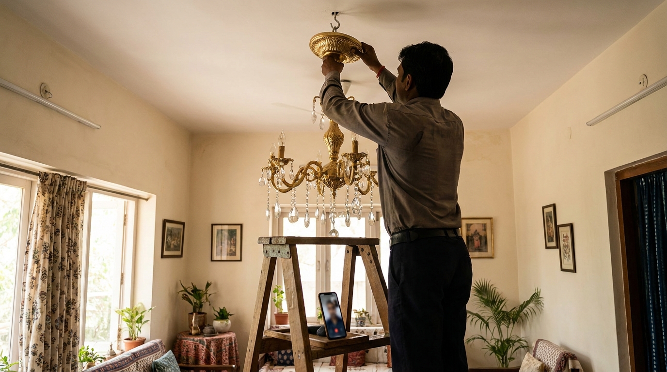 Chandelier installation in an Indian living room: an electrician on a ladder fits a gold chandelier while a phone on the ladder shows a video call
