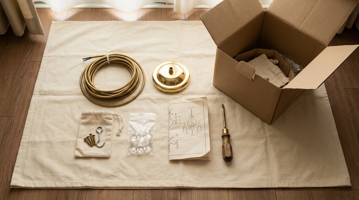 Before chandelier installation: chandelier parts laid out on a cream cloth with the canopy, cable, hook, screws, glass drops and instruction sheet
