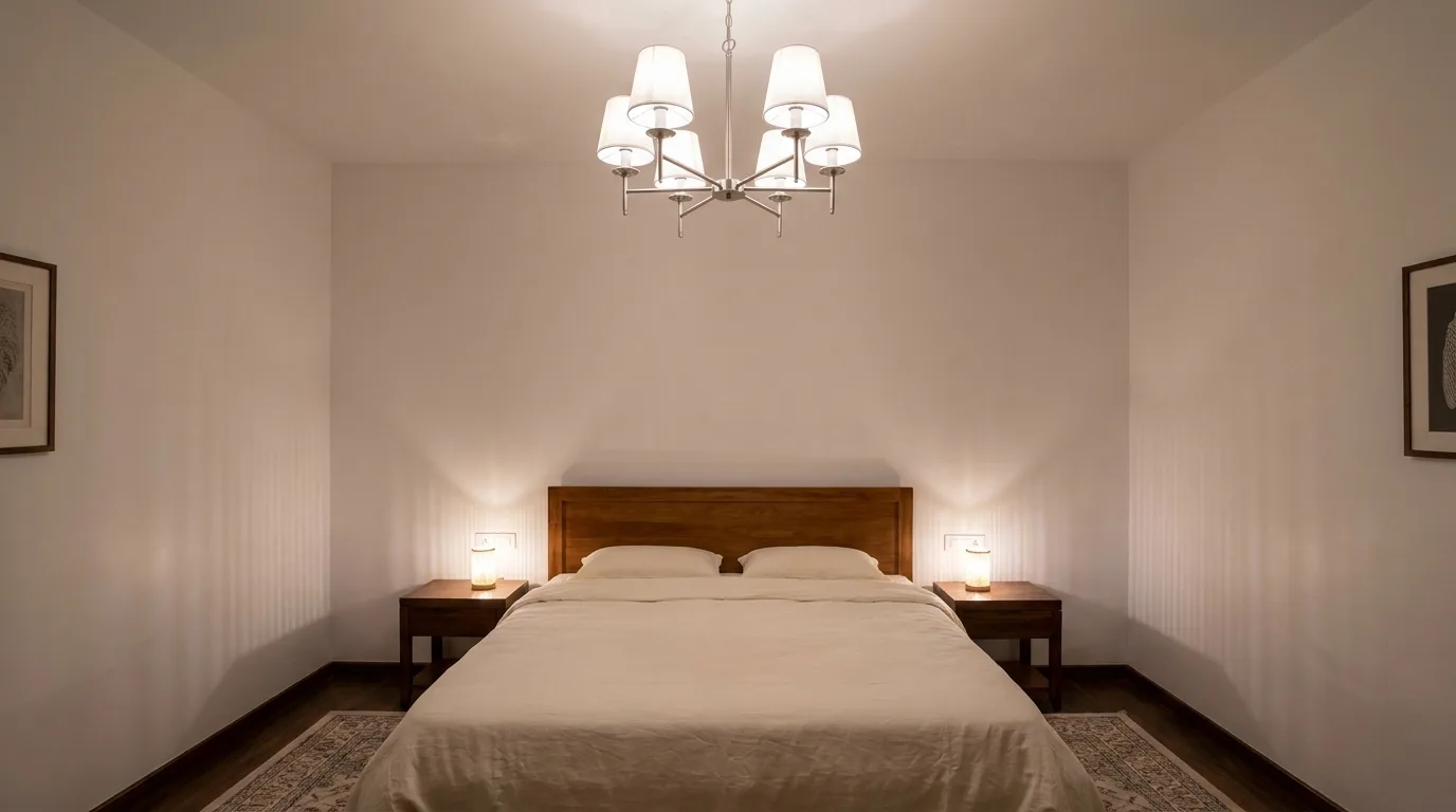 Chandelier Over Bed: How High, How Big, How Safe 1 Concept image of a fabric-shade chandelier hanging high over a bed in a calm bedroom (AI-generated concept image)