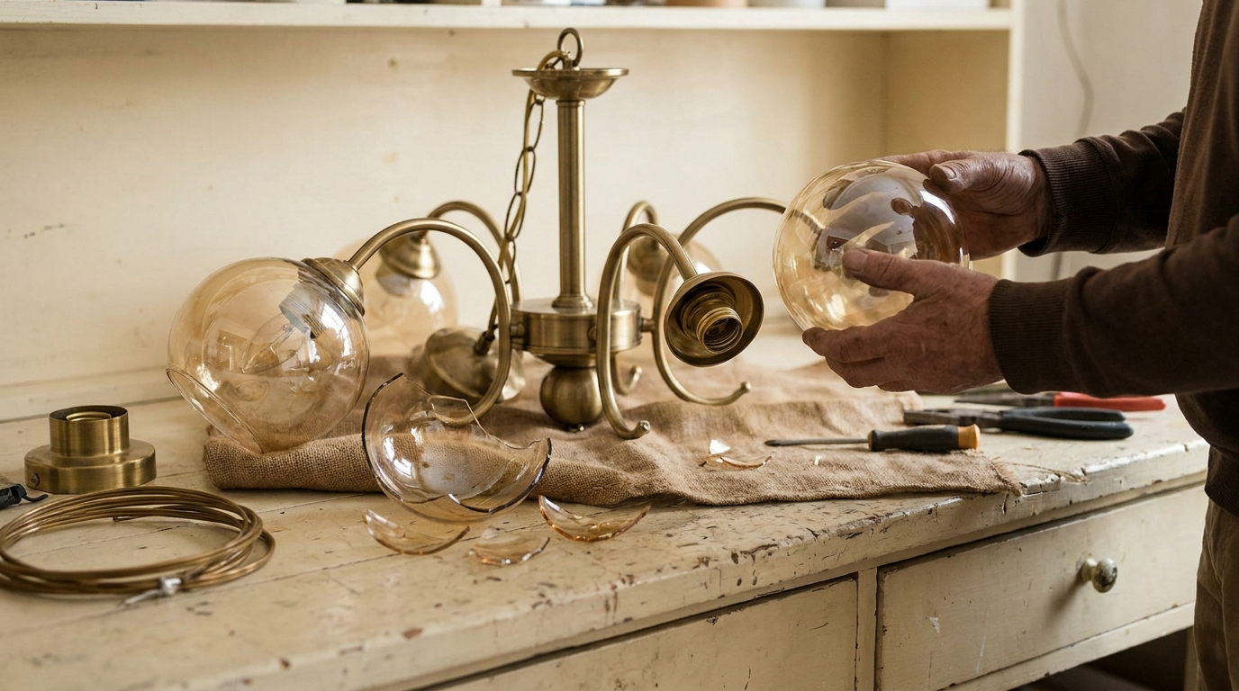 Chandelier Repair: Who Can Still Get You the Right Part? 1 Chandelier repair: hands holding a new matching glass globe beside a chandelier with one broken globe on a workshop bench