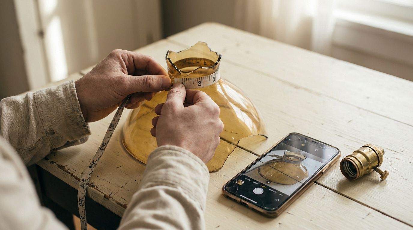 Chandelier Repair: Who Can Still Get You the Right Part? 2 Hands measuring the opening of a broken glass shade with a tape, with a phone photo of it, before asking for chandelier repair