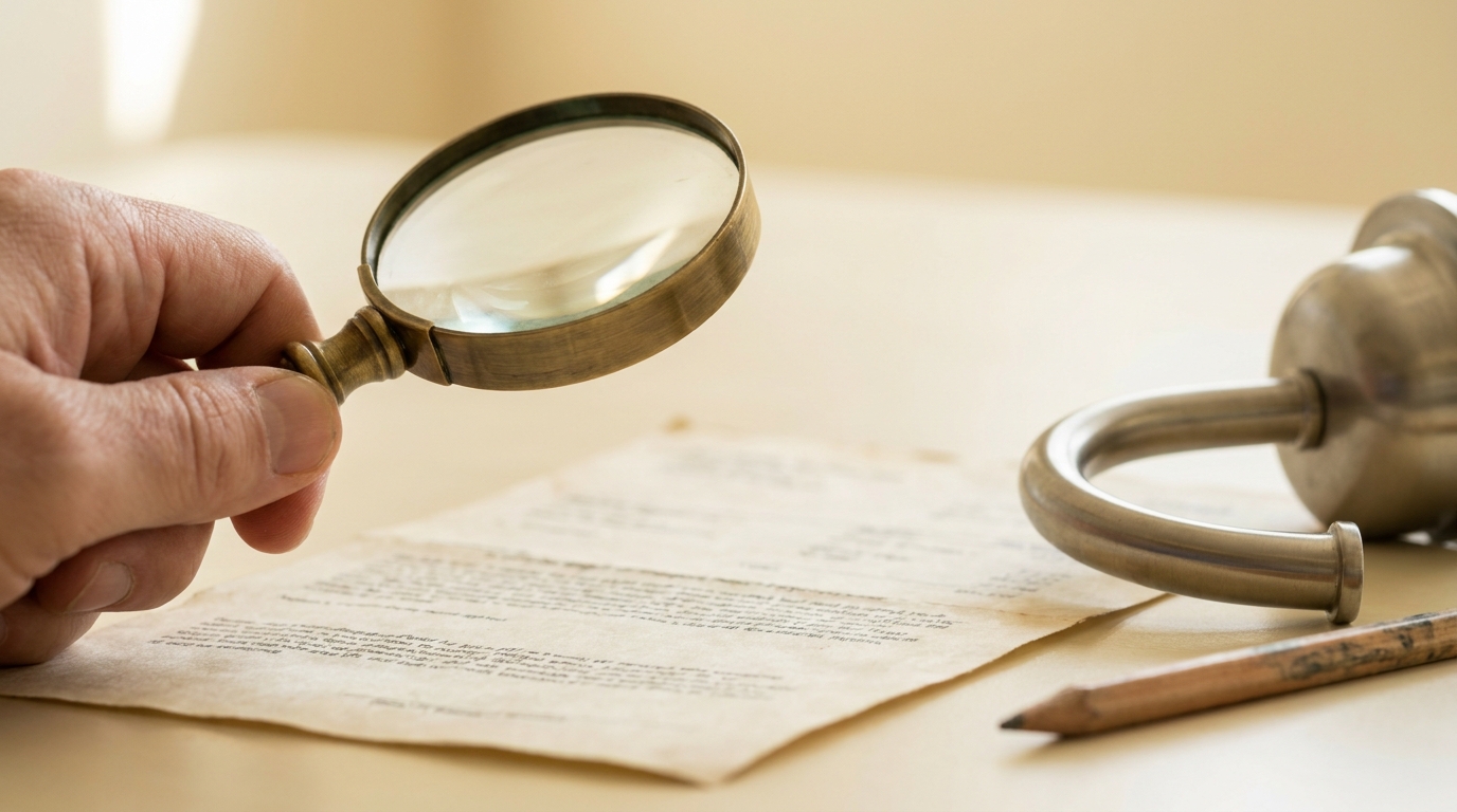 Reading the chandelier warranty fine print on a bill with a magnifying glass, a stainless steel arm beside it
