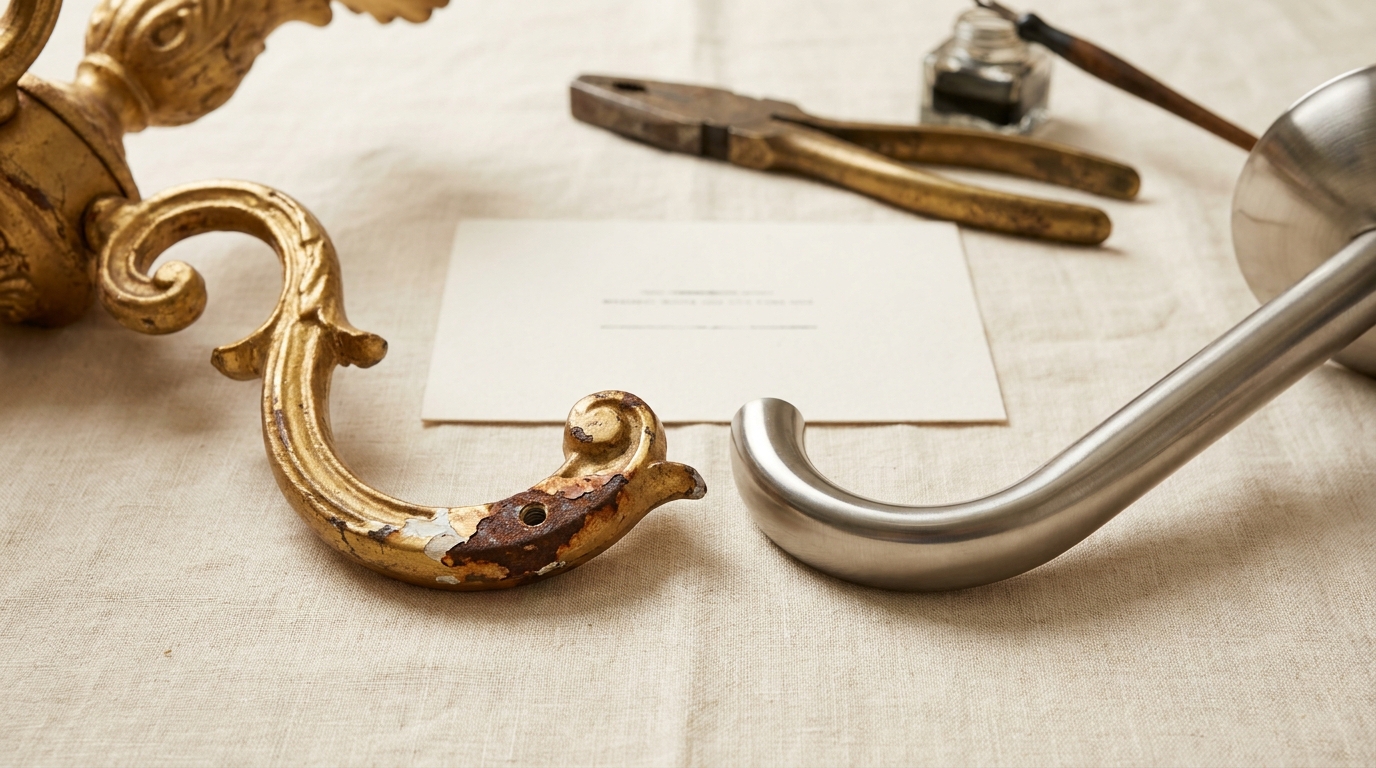 Chandelier warranty in real life: a painted metal arm rusting where the paint chipped beside a clean stainless steel arm