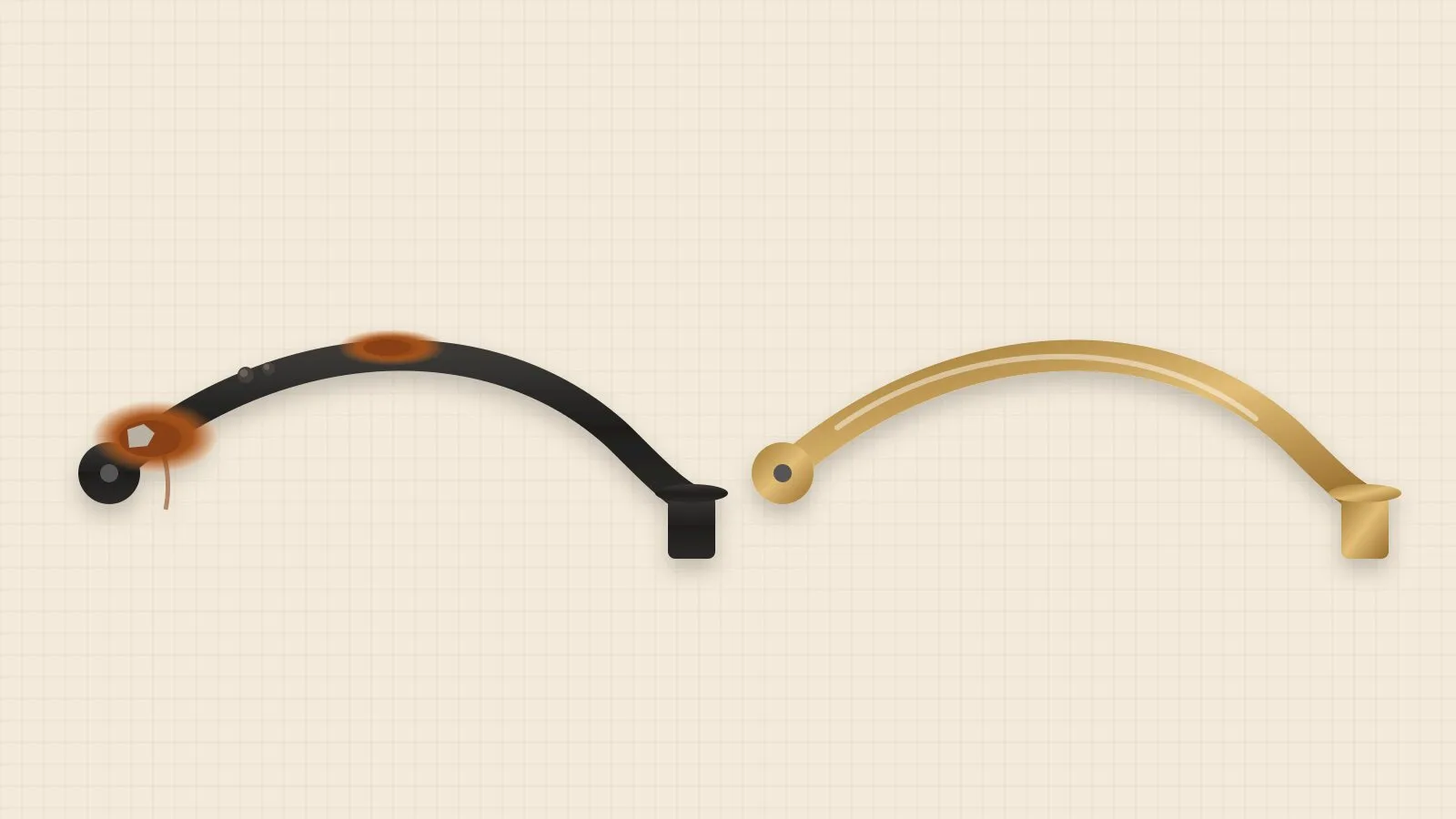 Cheap Chandelier: What It Really Costs Over the Years 1 Cheap chandelier arm with chipped paint and rust beside a clean stainless steel chandelier arm (illustration)