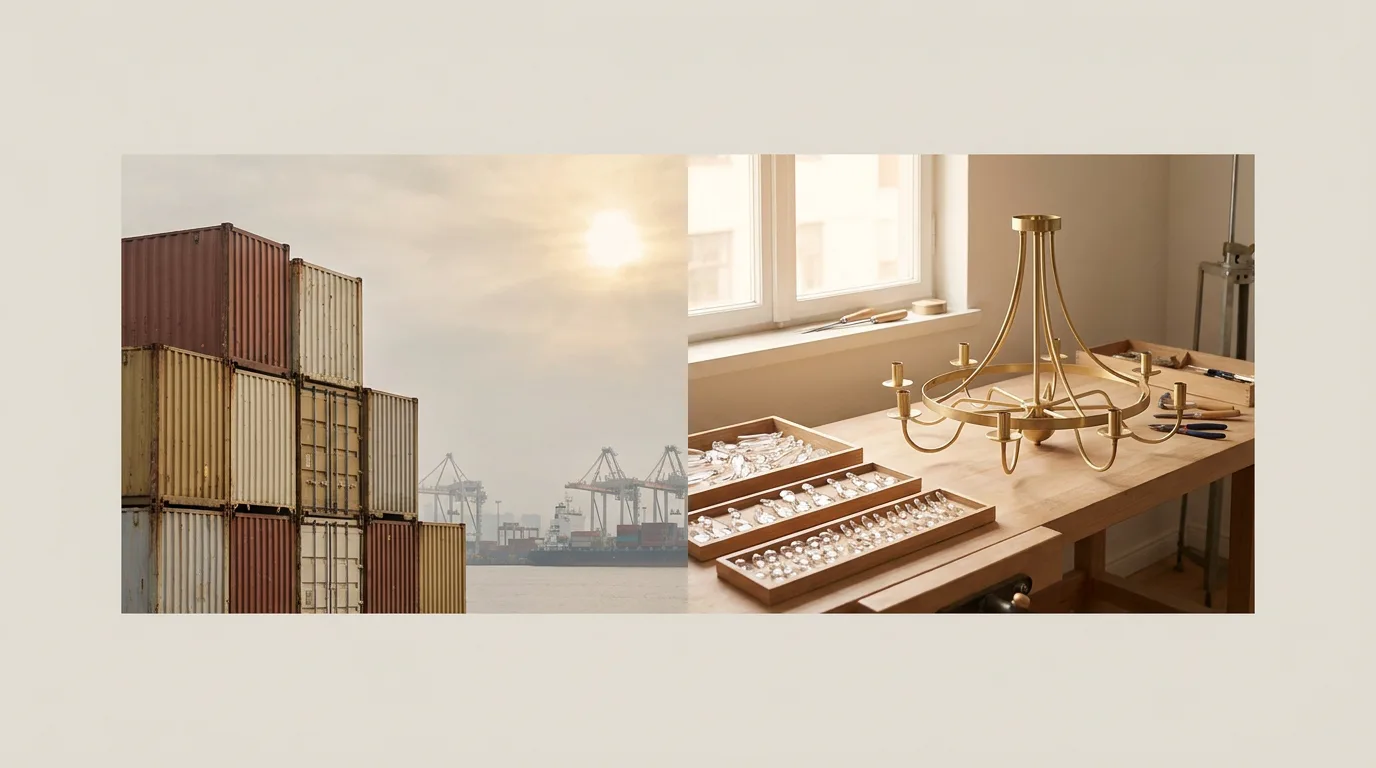 Chinese chandelier vs made in India: shipping containers at a port beside a workshop bench with a chandelier frame and crystal drops