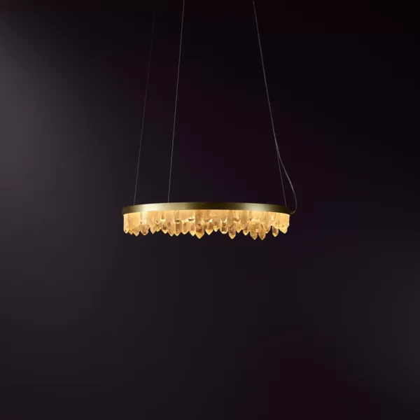 Quartz crystal chandelier, natural clear quartz points on a brushed brass ring, lit