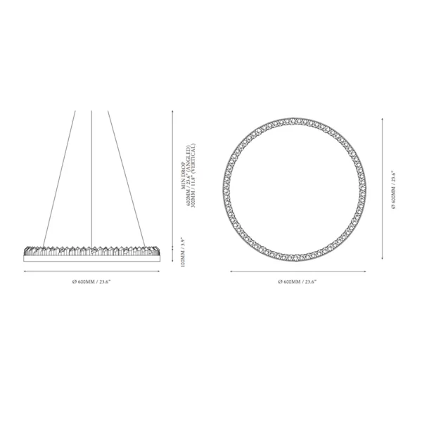 Quartz crystal chandelier dimensions, 600 mm diameter, 100 mm tall