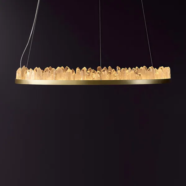 Quartz crystal chandelier side view, crystal points around the brass ring