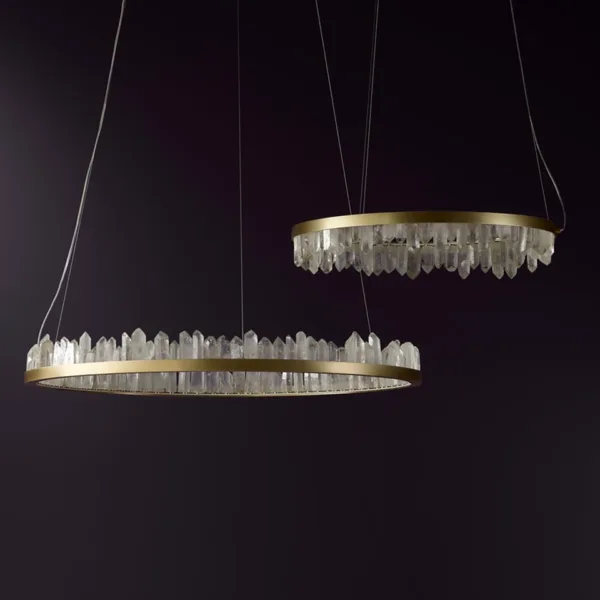 Clear quartz crystal ring chandeliers unlit, natural crystal points on brass rings