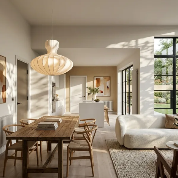 Cocoon pendant light glowing warm over a rustic dining table with wishbone chairs