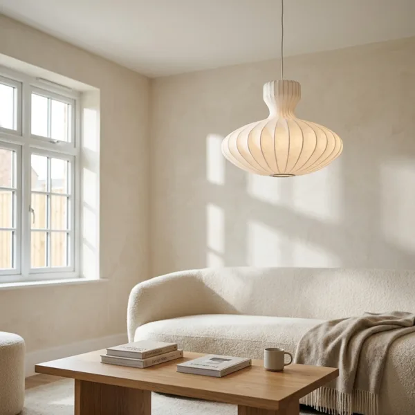 Cocoon onion-dome pendant light in a serene living room above a wood coffee table