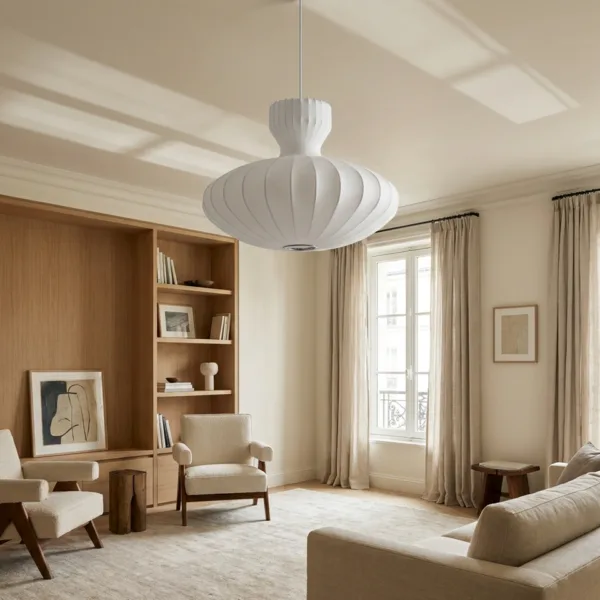 White cocoon onion-dome pendant light in a classic living room with oak bookshelves