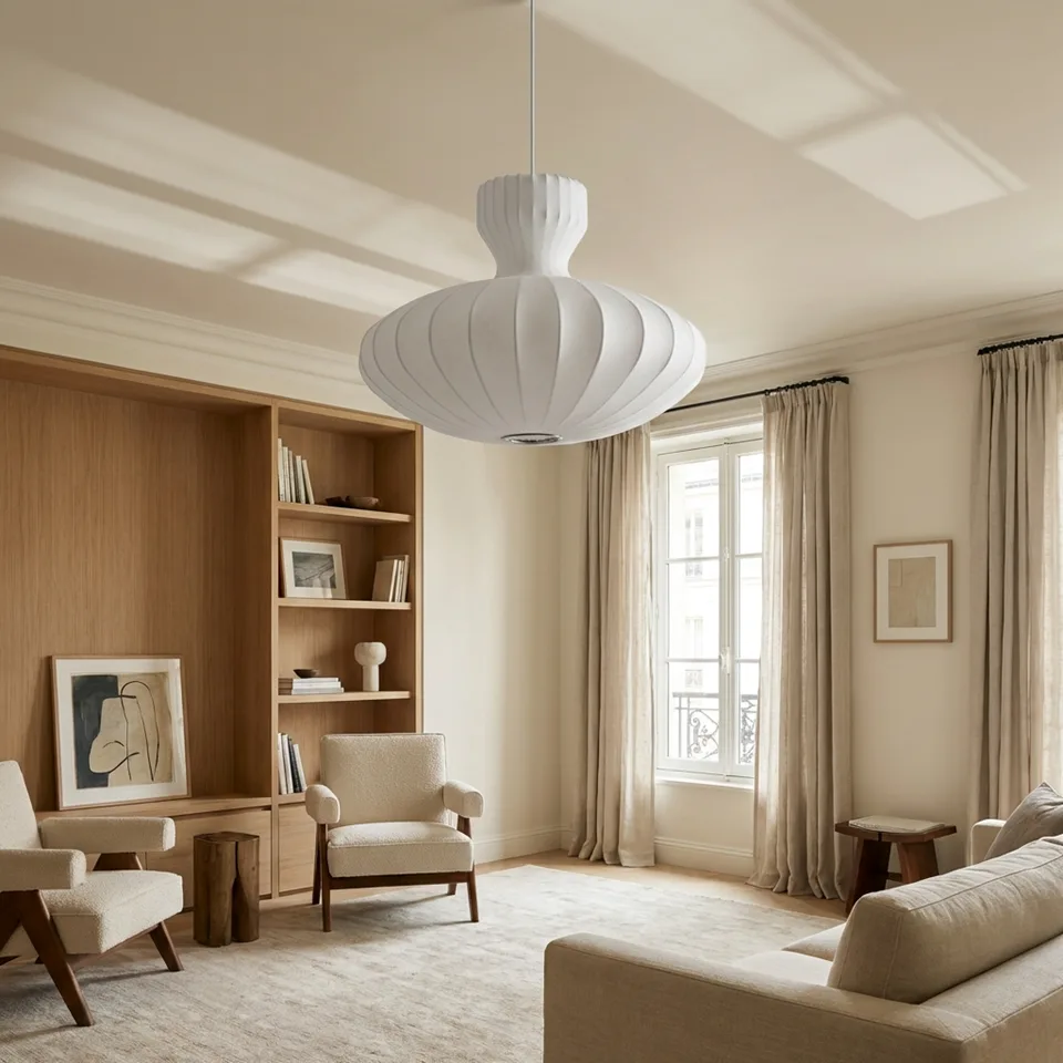 Cocoon Pendant Light – Onion Dome, 40 cm | Jagmag Lights 4 White cocoon onion-dome pendant light in a classic living room with oak bookshelves