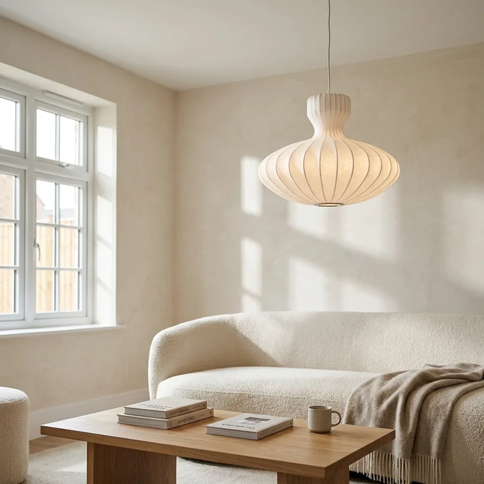 Cocoon Pendant Light – Onion Dome, 40 cm | Jagmag Lights 5 Cocoon onion-dome pendant light in a serene living room above a wood coffee table