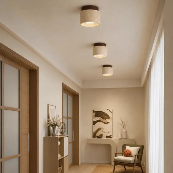 A row of cylindrical ceiling light fittings in travertine lighting a corridor with glazed doors