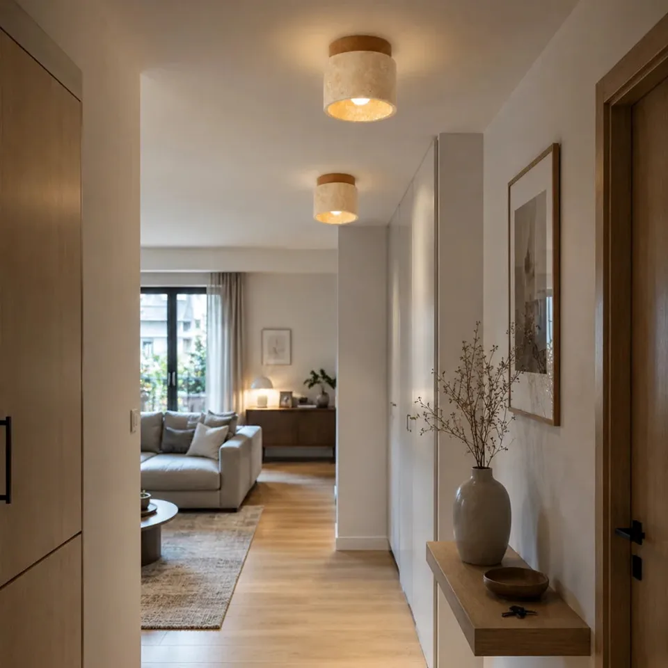 Cylindrical Ceiling Light – Travertine Drum, Wood Canopy, G9, 12 cm 5 Two travertine and wood drum ceiling lights lighting a hallway that leads to a living room