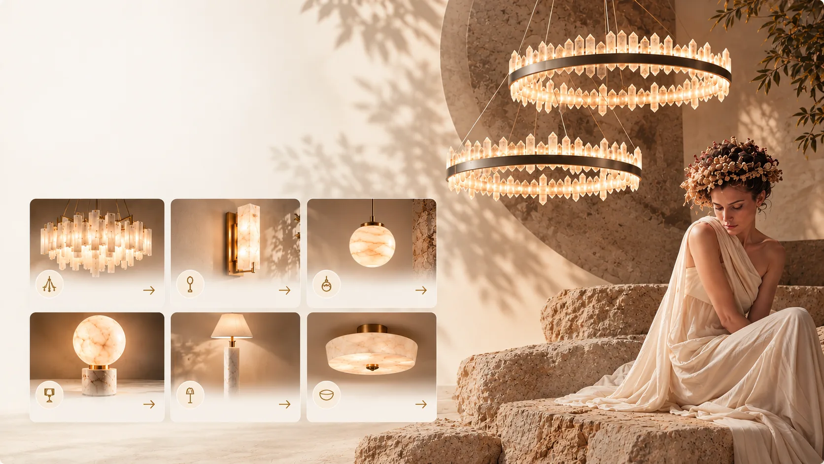 Decorative lights by Jagmag Lights: alabaster chandelier, wall light, pendant, table lamp, floor lamp and ceiling light, with crystal ring chandeliers above a woman in white