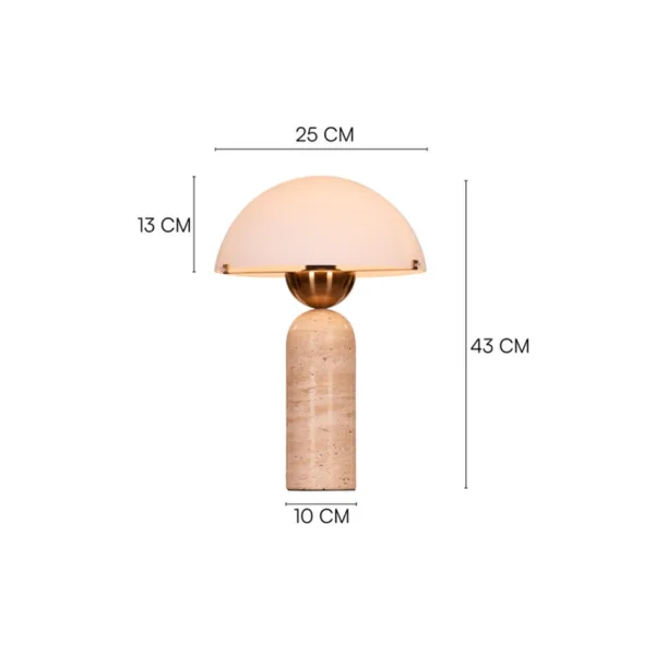 Designer table lamp dimension drawing: 43 cm tall, 25 cm dome, 13 cm dome height, 10 cm base