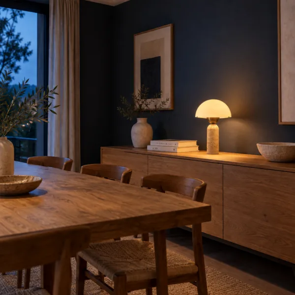 Travertine and opal glass lamp lit on a wooden sideboard beside a dining table at night