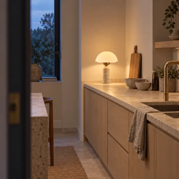 Travertine dome lamp lit on a kitchen counter beside wooden boards and stone bowls