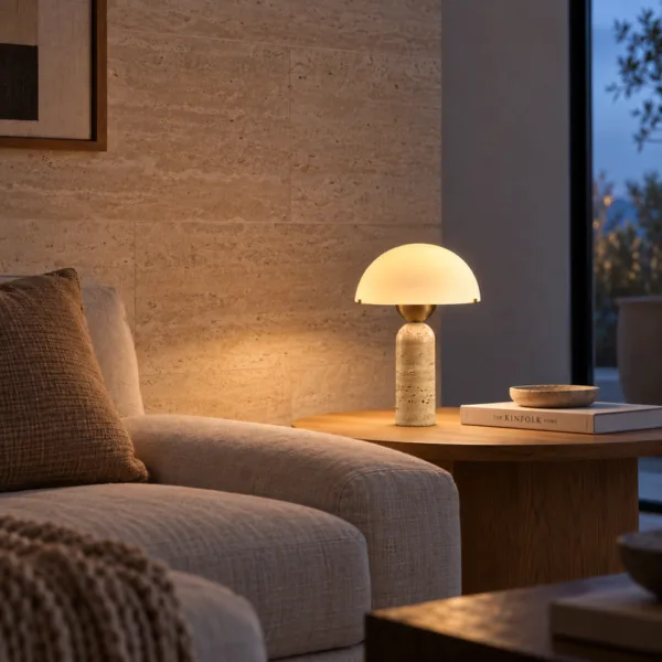 Designer table lamp glowing warm on a round side table beside a sofa in a living room at dusk
