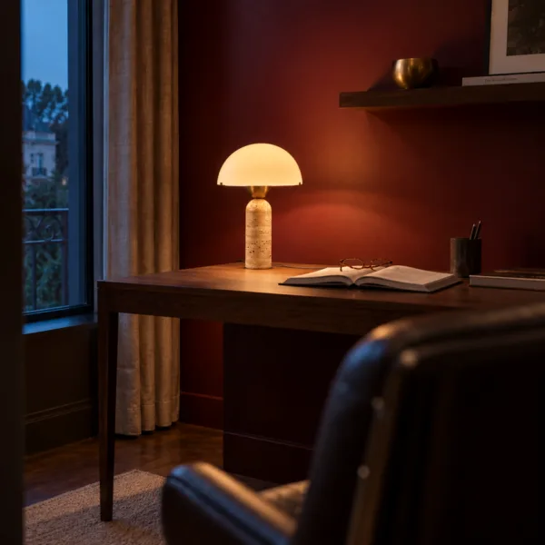 Opal glass dome lamp on a travertine base lighting a wooden study desk against a red wall