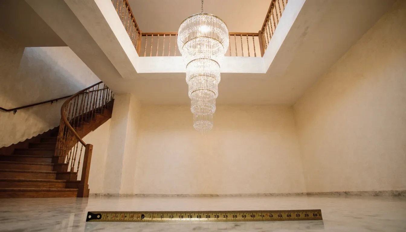 Double Height Chandelier: 3 Sums to Get the Size Right 1 Double height chandelier concept: a two-storey Indian hall with a teak staircase, a long tiered crystal cascade hanging into the tall void and a tape measure on the marble floor (AI-generated concept image)