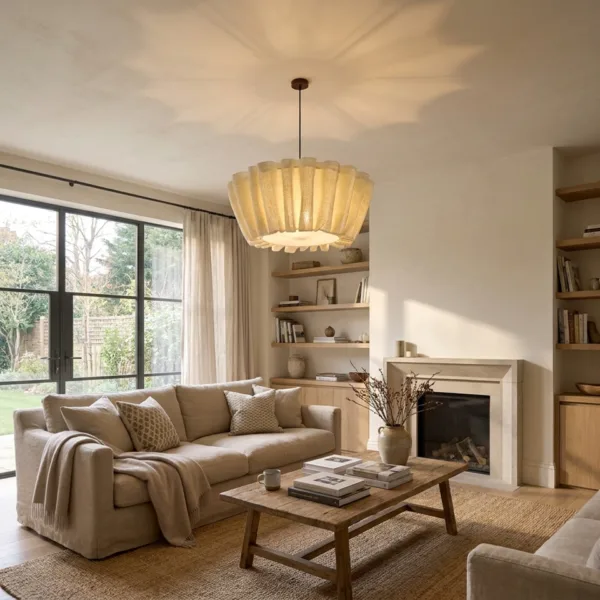 Draped fabric pendant light glowing in a living room with a fireplace, bookshelves and garden doors