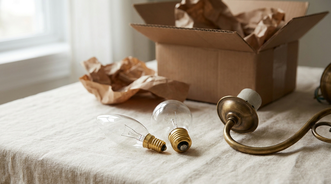 E26 vs E27: two bulbs with different screw bases beside a brass chandelier arm and a shipping box