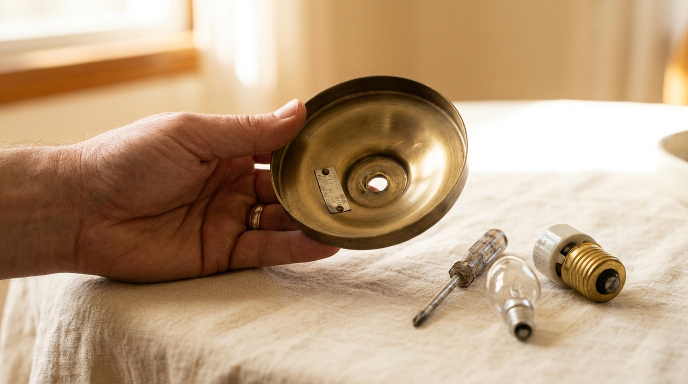 E26 vs E27 check: a hand turns over a chandelier canopy to read its rating label