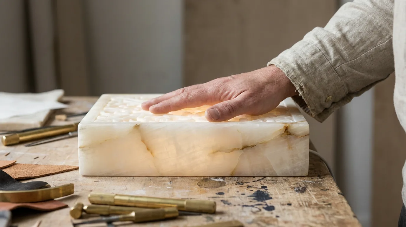 Faux Alabaster vs Real Alabaster: How to Tell the Difference 2 Touch test for faux alabaster: a hand resting flat on a real alabaster stone panel to feel if it stays cool