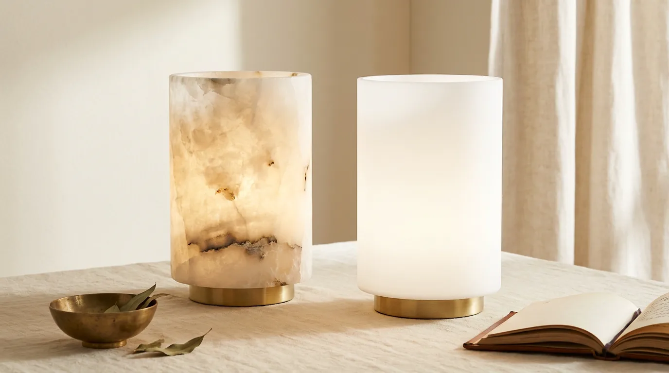 Faux Alabaster vs Real Alabaster: How to Tell the Difference 1 Faux alabaster vs real alabaster: a real alabaster lamp glowing unevenly with veins beside a plastic look-alike lamp glowing flat and even
