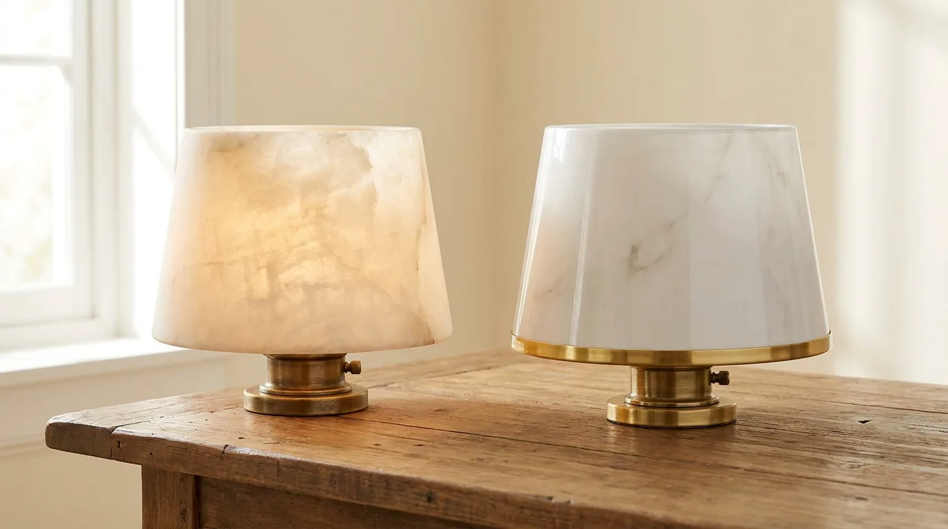Faux Alabaster vs Real Alabaster: How to Tell the Difference 1 Faux alabaster vs real alabaster: a glowing stone shade with uneven veins beside a smooth, even white look-alike shade