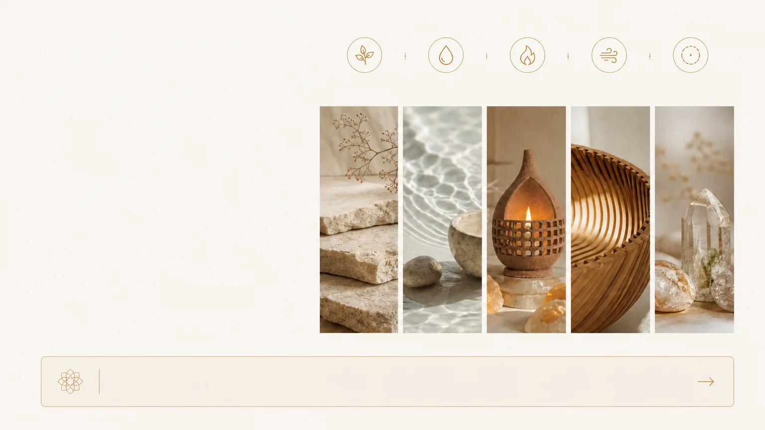 Home 2 The five elements in natural materials: stone for earth, water over a stone bowl, a terracotta lantern for fire, a woven cane bowl for air and quartz crystal for space