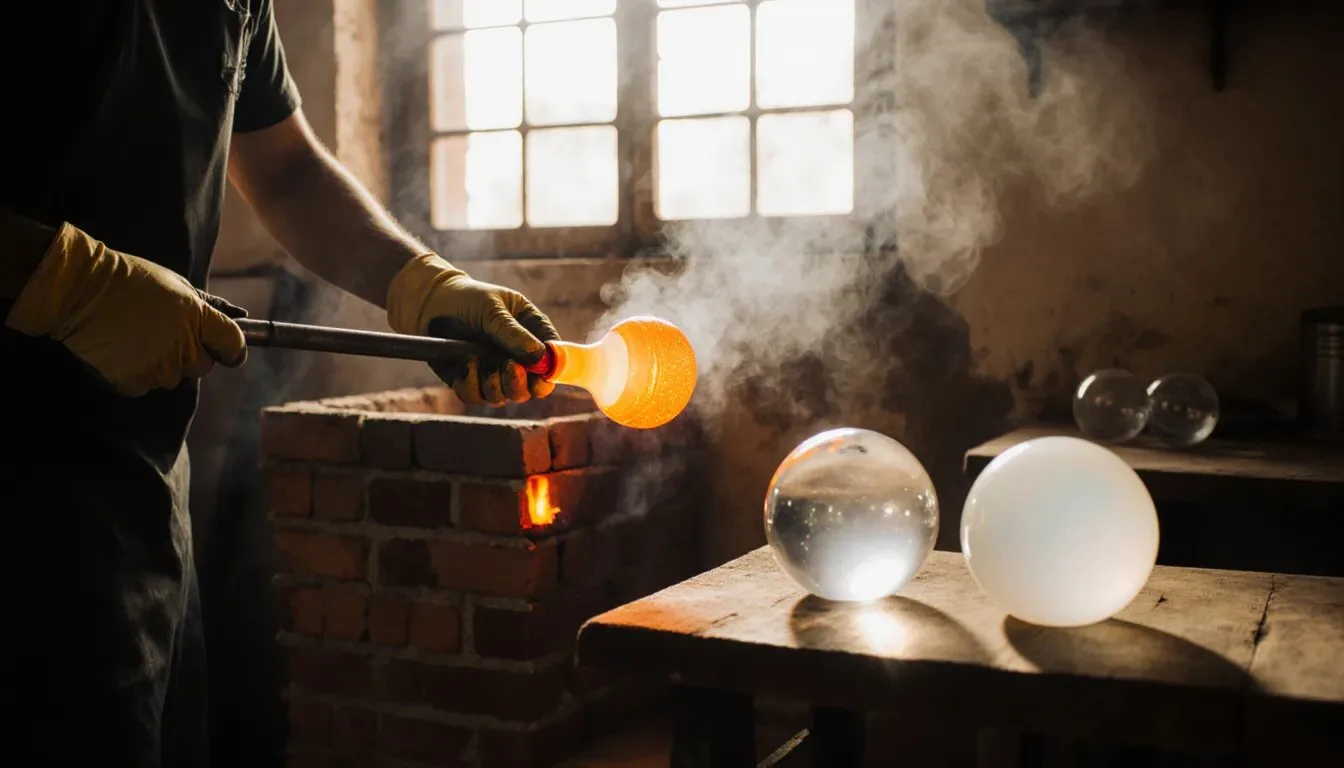 Firozabad Glass Chandelier or Borosilicate? Know Your Glass 1 Molten glass on a blowpipe at a furnace beside finished clear and opal glass globes: the glass type of a Firozabad glass chandelier starts here (AI-generated concept image)