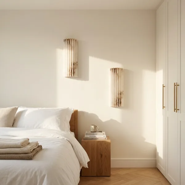 Two fluted alabaster wall lights at staggered heights beside a bed in a bright bedroom