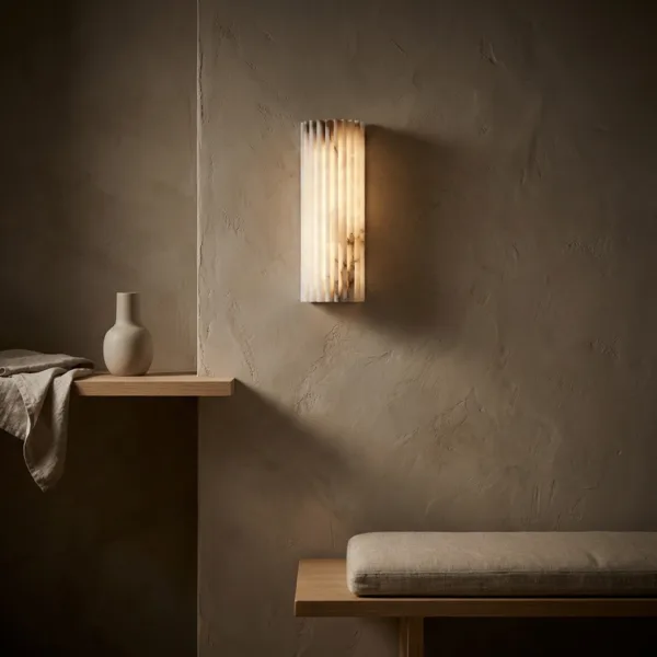 Fluted alabaster wall light glowing in a dim entrance above a wooden bench