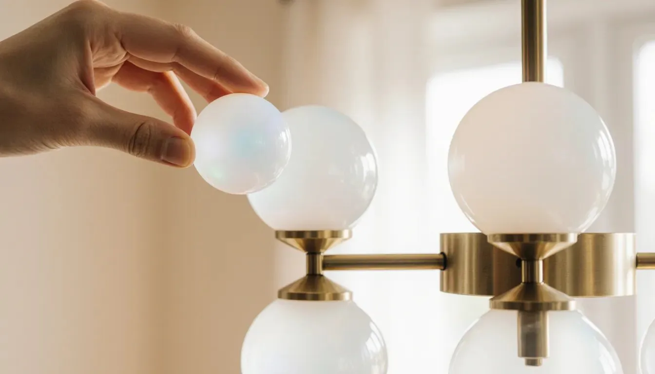 Firozabad Glass Chandelier or Borosilicate? Know Your Glass 2 A hand holding one spare opal glass globe next to the empty holder of a glass globe chandelier, the spare-part check for a Firozabad glass chandelier