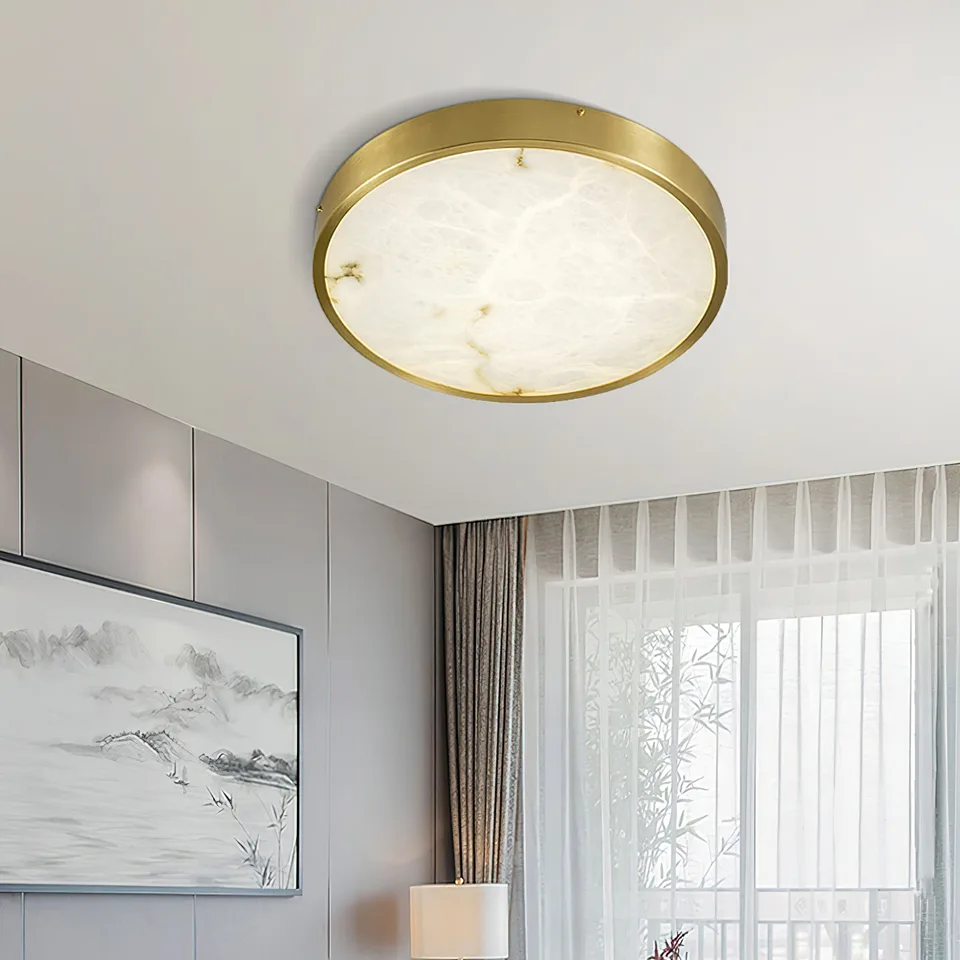 Alabaster Ceiling Light – Gold Frame Flush Mount, Round or Square, 30 cm 7 Round gold alabaster flush mount light in a bedroom