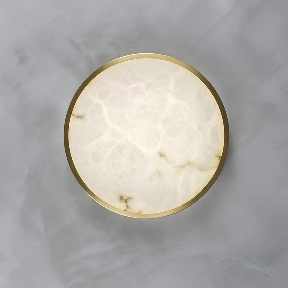 Alabaster Ceiling Light – Gold Frame Flush Mount, Round or Square, 30 cm 11 Round alabaster ceiling light glowing to show its veining