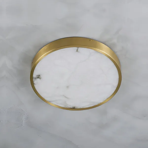 Unlit round alabaster ceiling light with natural veining