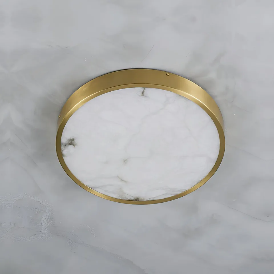 Alabaster Ceiling Light – Gold Frame Flush Mount, Round or Square, 30 cm 10 Unlit round alabaster ceiling light with natural veining