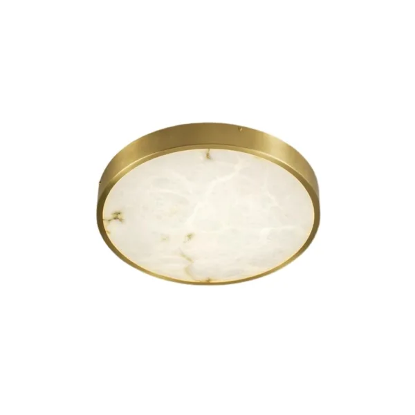 Round alabaster ceiling light in a brass-finish frame on a white background